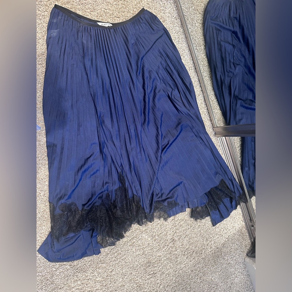 Helmut Lang Navy Pleated Asymmetrical Midi Skirt with Black Trim